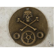 Disc Pendant, skull, crossbones, gears, ant bronze