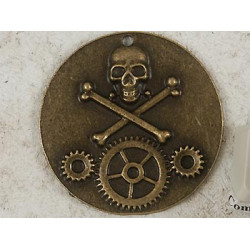 Disc Pendant, skull, crossbones, gears, ant bronze
