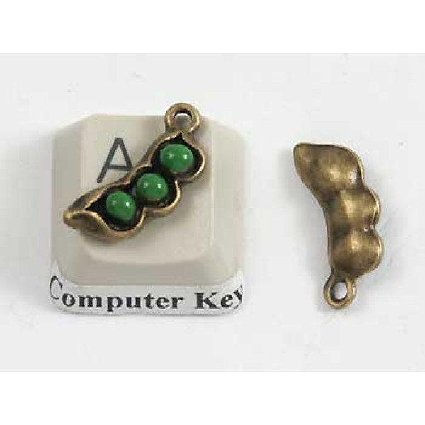 Charm, so cute wee Pea Pod, Antique Bronze, with green peas