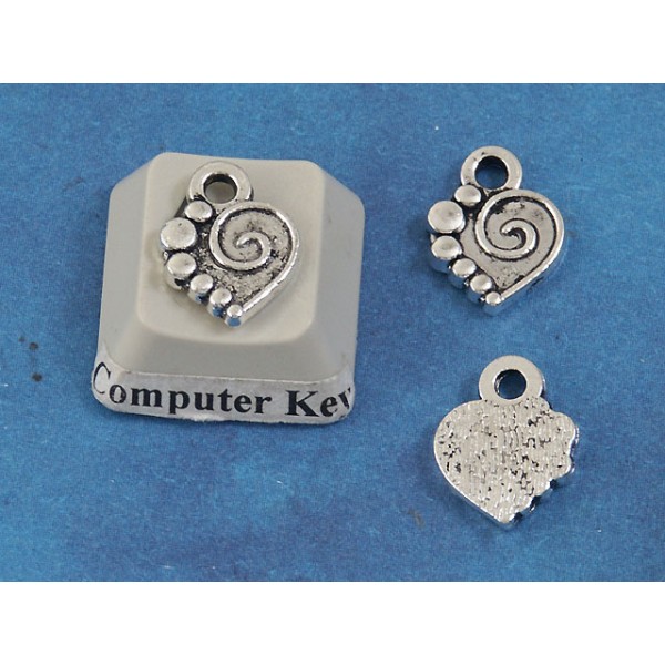Charm, heart with spiral, tibetan silver, per 10