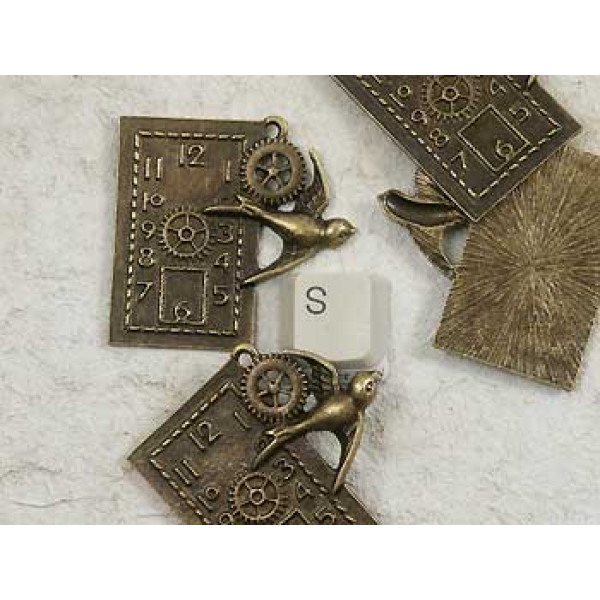 Big Antique Bronze Swallow Clock Pendant 41x39mm