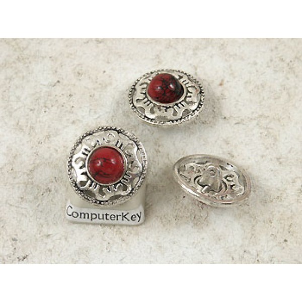 Button, round metal with red trim
