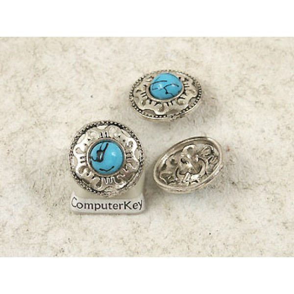 Button, round metal with turquoise trim