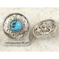 Button, round metal with turquoise trim