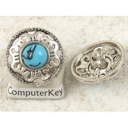 Button, round metal with turquoise trim