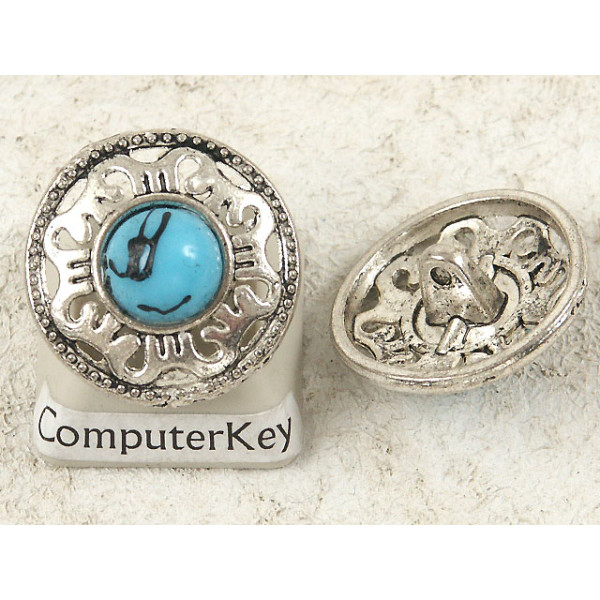 Button, round metal with turquoise trim