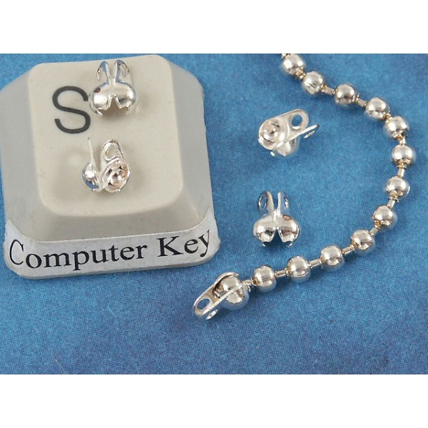 2.4mm Ball Chain Crimp End with two loops, bright silver, per 100
