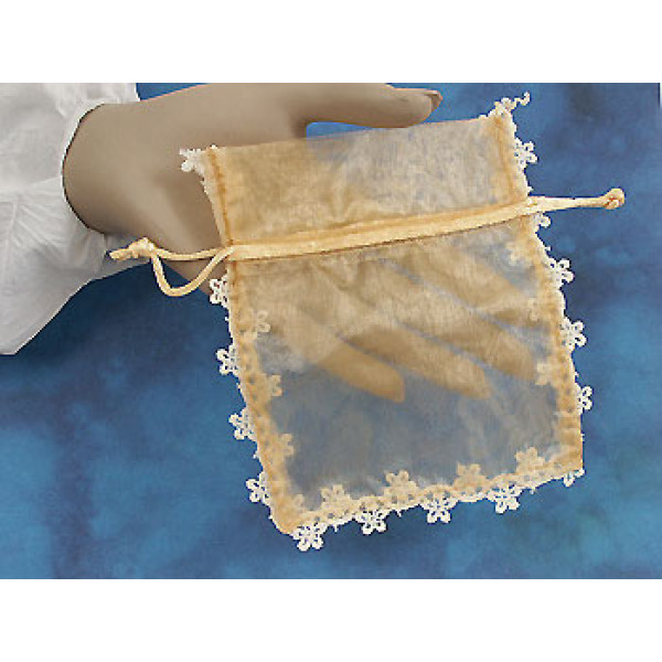 Bag, Organza Drawstring, Antique Tea, with lace trim, 13cmx15cm, each