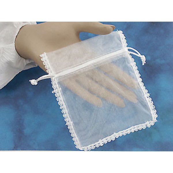 Bag, Organza Drawstring, White with lace trim, 13cmx15cm, each