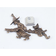 Witch with broom & cat, 92mm long, antiqued brass plate