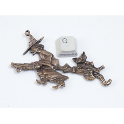 Witch with broom & cat, 92mm long, antiqued brass plate