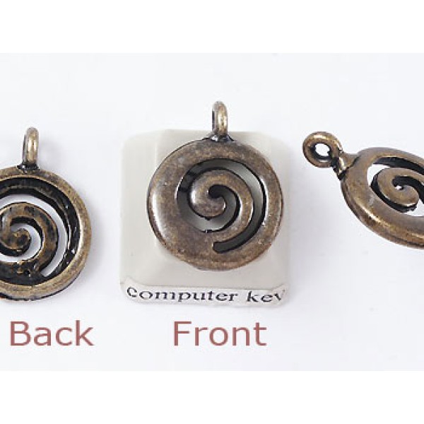 Charm, NZ Koru spiral, antiqued brass
