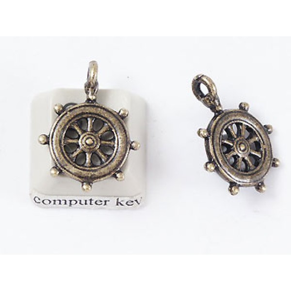 Charm, Nautical, Ships Wheel, antiqued brass
