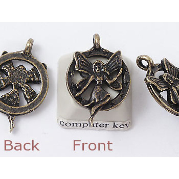 Charm, Fairy, in Circle, antiqued brass