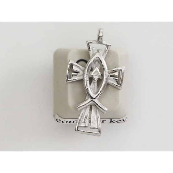 Pewter Charm, Cross with Fish Symbol, single sided